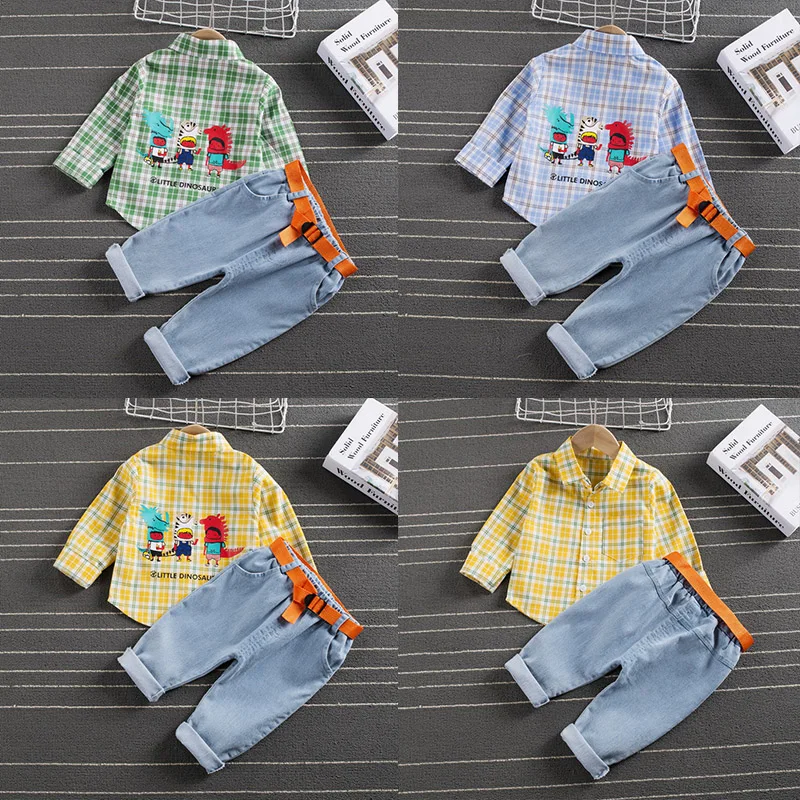 

2020 Baby Boys Clothes Set Children Autumn Cartoon T-shirt and pants trousers with belt 2pcs Kids Boy Clothes Sets