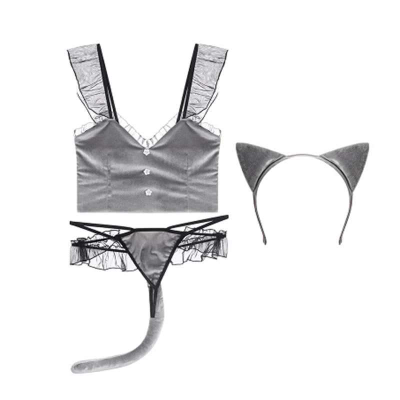 

New Women Sexy Lingerie Black Grey Velvet Kitty Cosplay Costumes Erotic 3pcs Hot French Maid Roleplay Uniform SM Suit For Couple