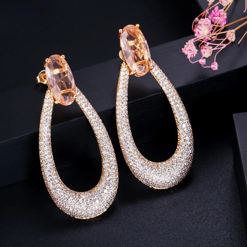 

ThreeGraces Fashion Designer Champagne Micro Pave Cubic Zircon Crystal Gold Color Long Big Round Drop Earrings for Women ER327