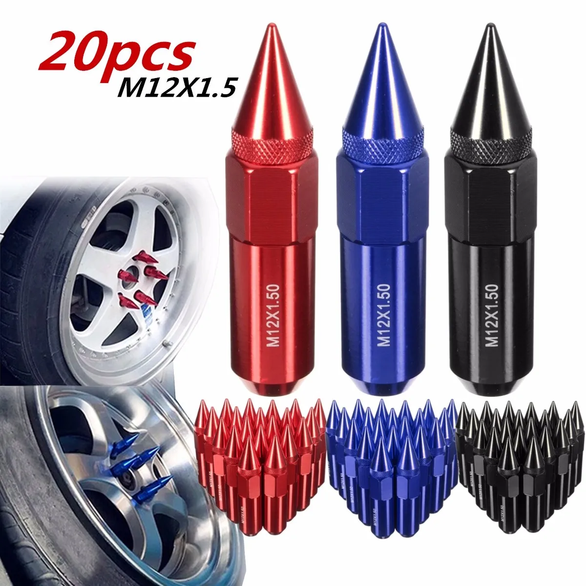 

New 20pcs M12X1.5 Aluminum 60mm Universal Car Wheels Rims Lug Nuts with Spiked Extended Tuner Blue/Red/Black
