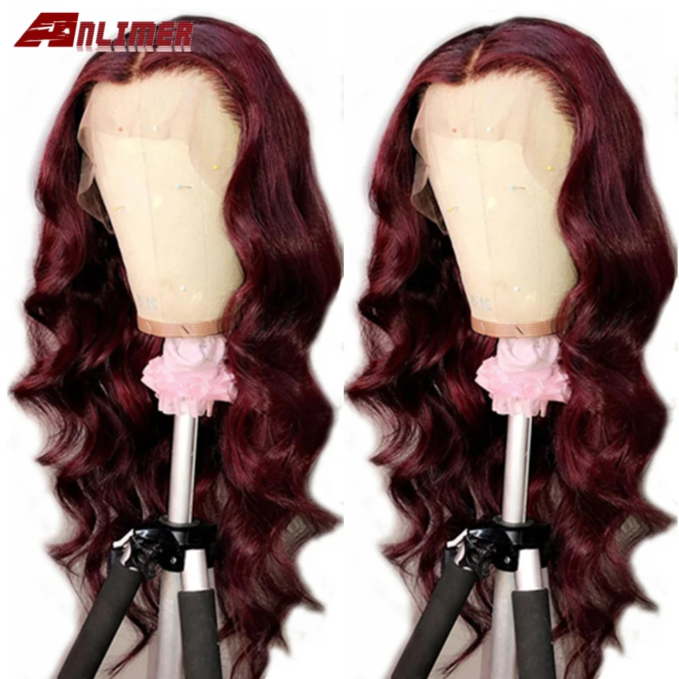 Бургундия глубокая часть парик фронта шнурка красные человеческие волосы