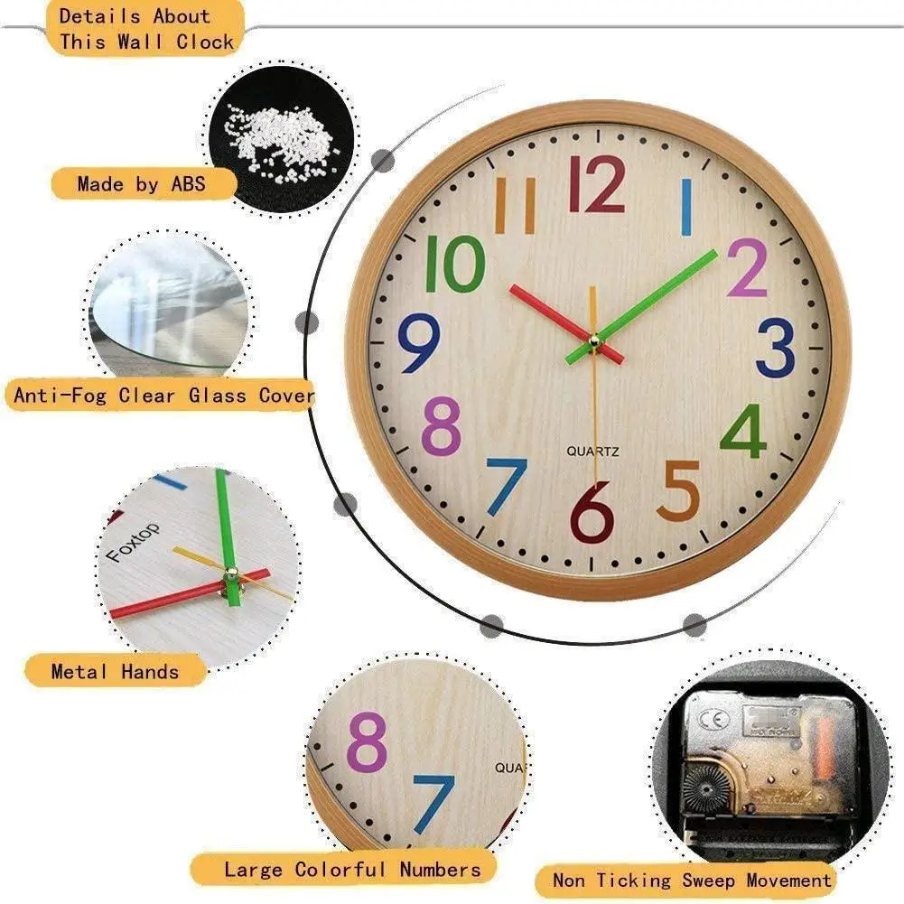 Silent Kids Wall Clock 12 Inch Non-Ticking Battery Operated Colorful Decorative | Дом и сад