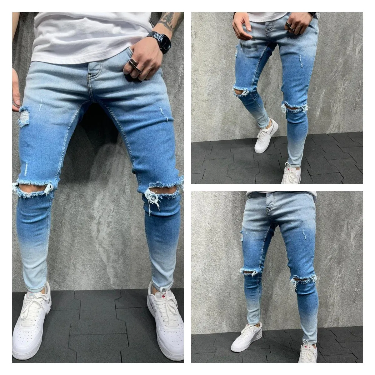 

Men's Ripped Jeans Gradient Color Mid Waist Trousers Fashion Casual Wild Slim Skinny Hole Pencil Pants for Spring Summer