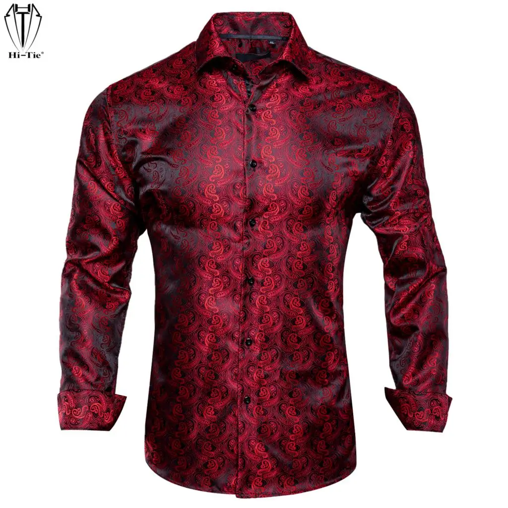 

Hi-Tie Silk Jacquard Mens Shirts Long Sleeve Red Burgundy Paisley Men Shirt Slim Fit For Male Dress Jeans Casual Leisure Wedding