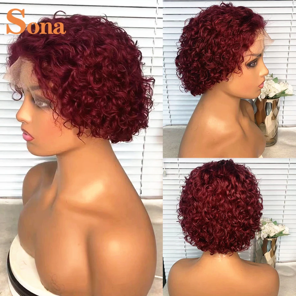 

Pixie Cut Wig Human Hair Short Bob Wig 13X1 Transparent Lace Part Wig For Women 180% Density Burgundy Ginger Color
