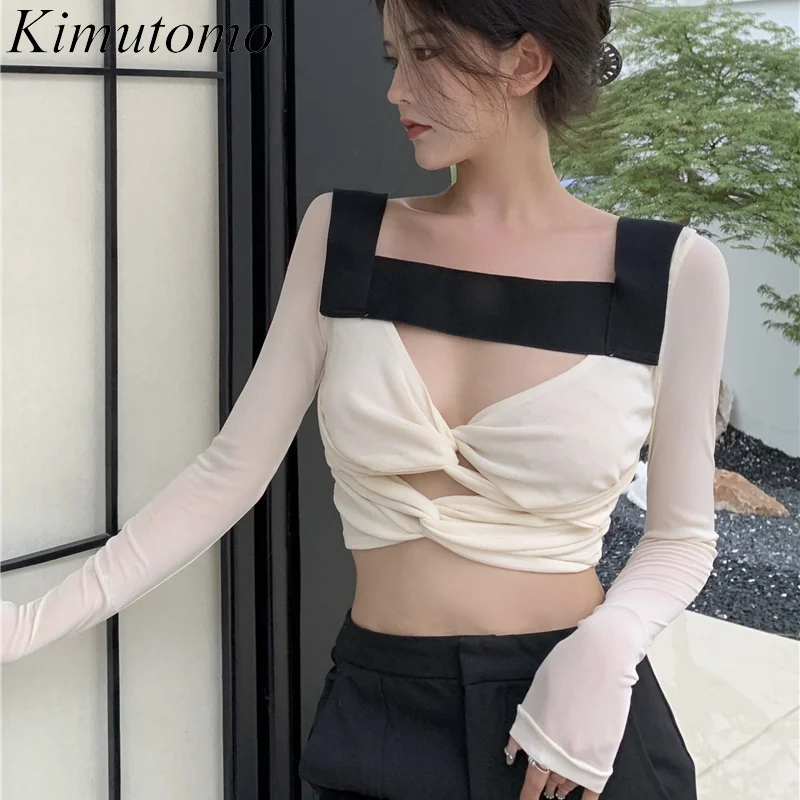 

Футболка Kimutomo женская с квадратным вырезом, шикарный однотонный облегающий короткий топ с длинным рукавом, в французском стиле, повседневн...