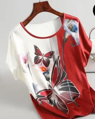 

Fashion Women's T-Shirts Summer Ice Silk Print Tee Shirts Middle-Aged Mothers Short-Sleeved Plus Size Casual Top