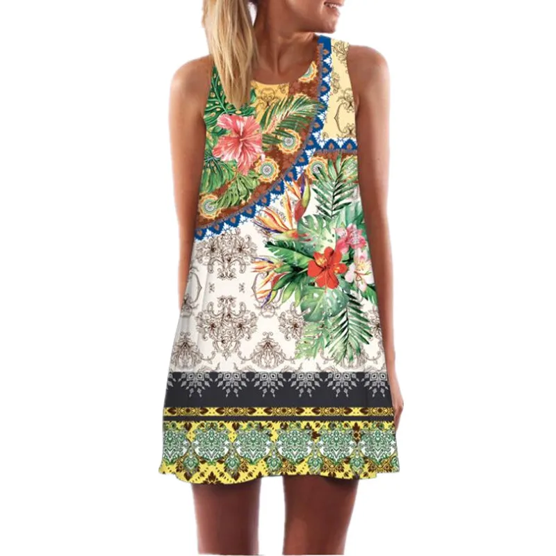 Женское Короткое платье без рукавов повседневное пляжное в стиле бохо с