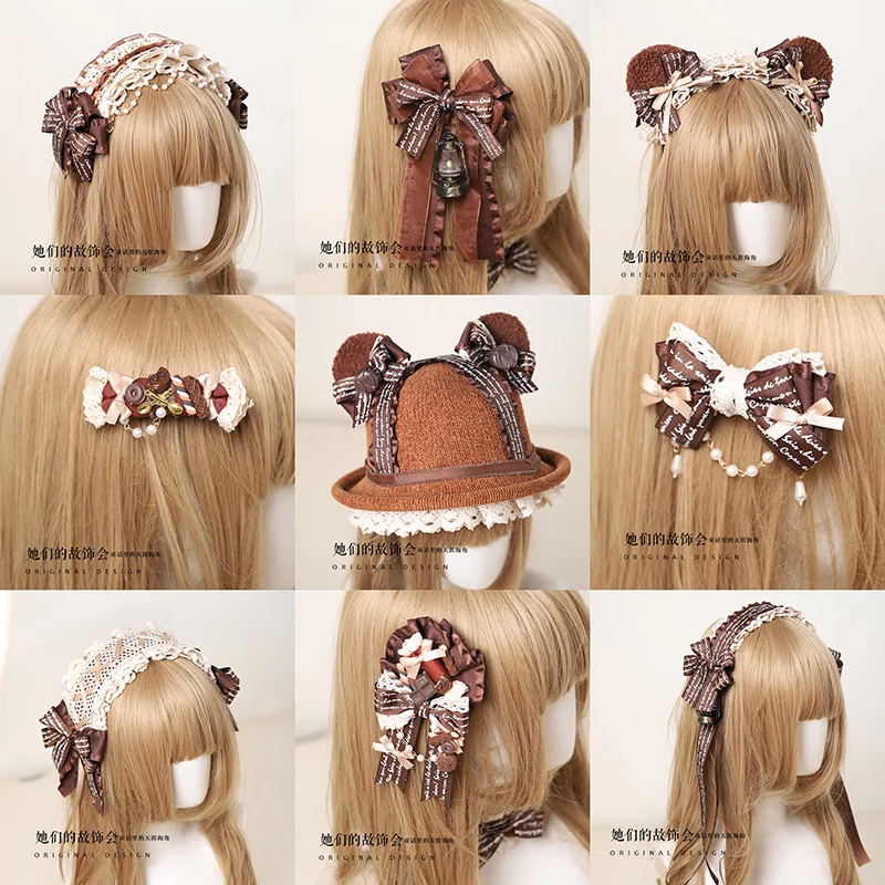 

Handmade Bow Hair Accessories Lolita Handmade Chocolate Tiramisu Bear Ear KC Hair Clip Headdress