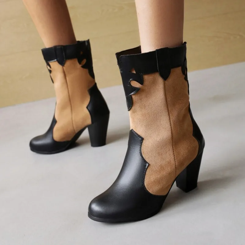 

Ladies Color Matching Western Boots Autumn Winter Slip On Square High Heel Mid Calf Boots Female Large Size New Women's Shoes