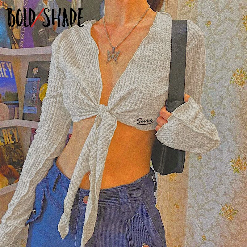 

Bold Shade Letter Embroidery Lace Up Tees Indie Long Sleeve V-neck Sexy 90s Aesthetic Cropped Tops Slim Y2K Fall Summer Clothes