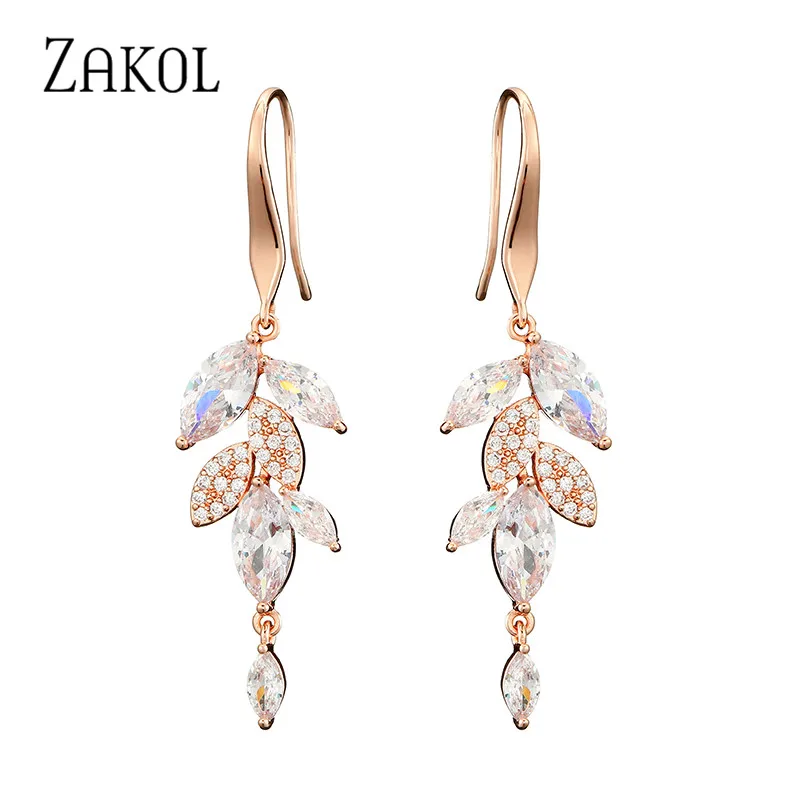ZAKOL Модные женские филиал прозрачный фианит длинные роскошные серьги для женщин