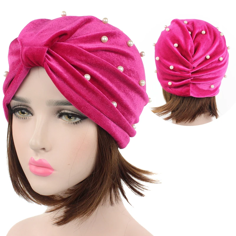 

Women Fashion 2019 Pearl Stripe Headscarf Hats India Africa Islam Wrap Head Bonnet Hijab For Female Turban Cap foulard femme hat
