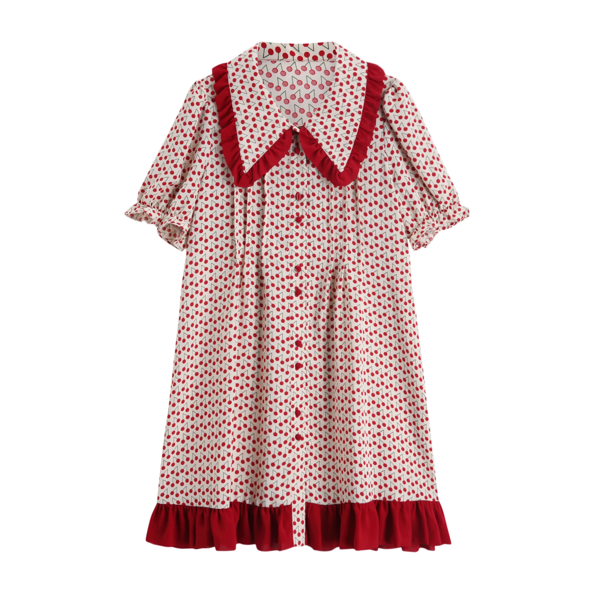 Платье рубашка черарт с принтом вишни красное платье оборками летнее в Корейском