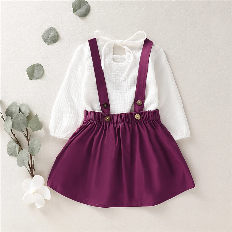 2 Piece Set Toddler Kids Baby Girls Clothes Long Sleeve White T-shirt+Purple Overall Skirt Fashion Casual Outfit Autumn | Детская одежда