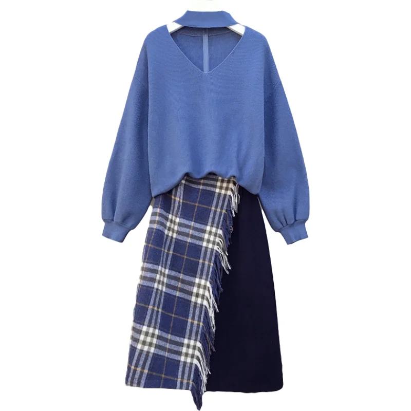 

Plus Size Women 2021 Spring Autumn New Solid Color Hollow Pullover Sweater Top Plaid Skirt Fashion Casual Two-Piece Suit Female