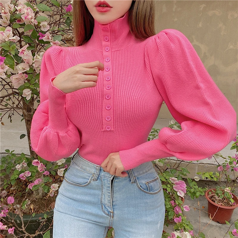 

Свитер WTIANYUW, пальто, корейский вязаный женский кардиган с длинными рукавами-фонариками, новинка весны 2021, однобортный вязаный кардиган с вы...