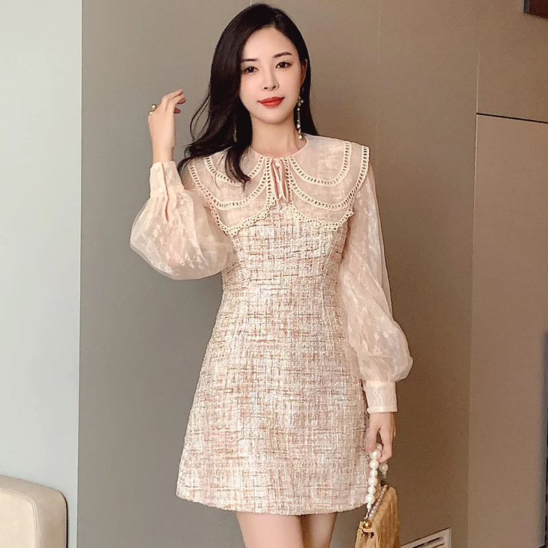 

Женское Короткое шерстяное платье, элегантное твидовое платье мини во французском винтажном стиле с круглым воротником в стиле пэчворк, 2021