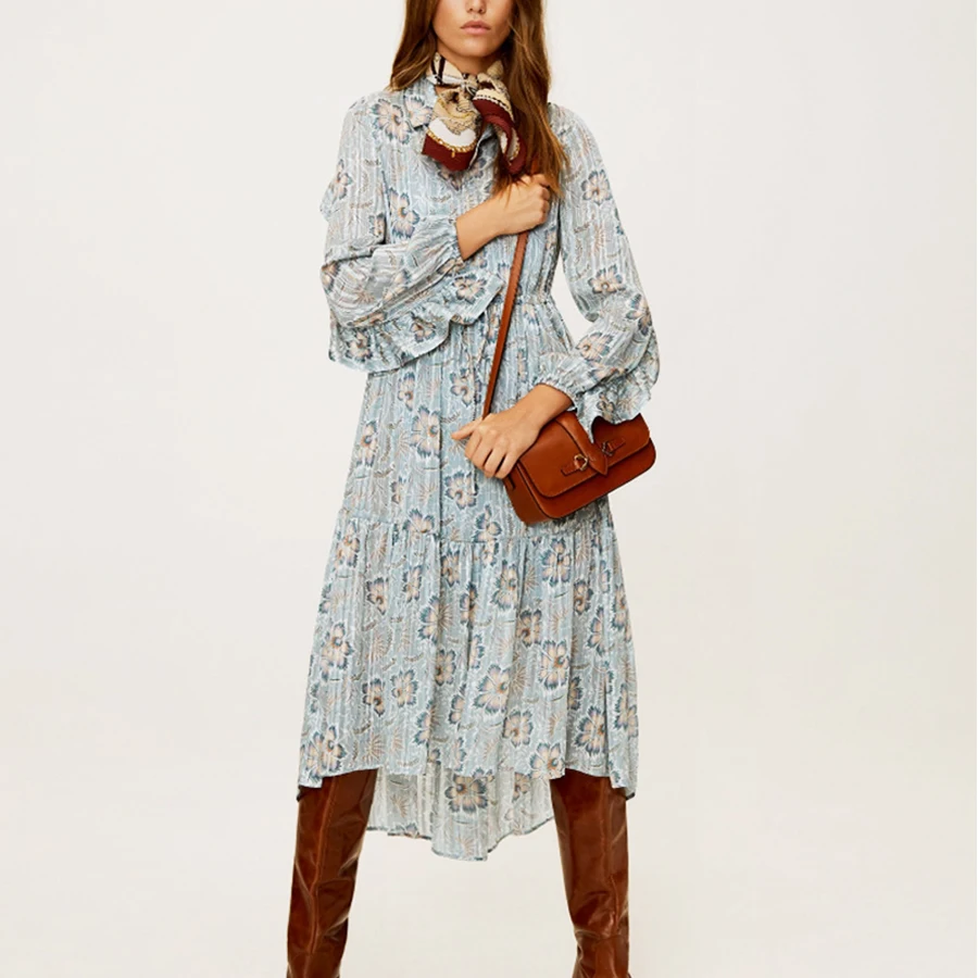 Женское платье с длинным рукавом TEELYNN винтажное синее шифоновое цветочным