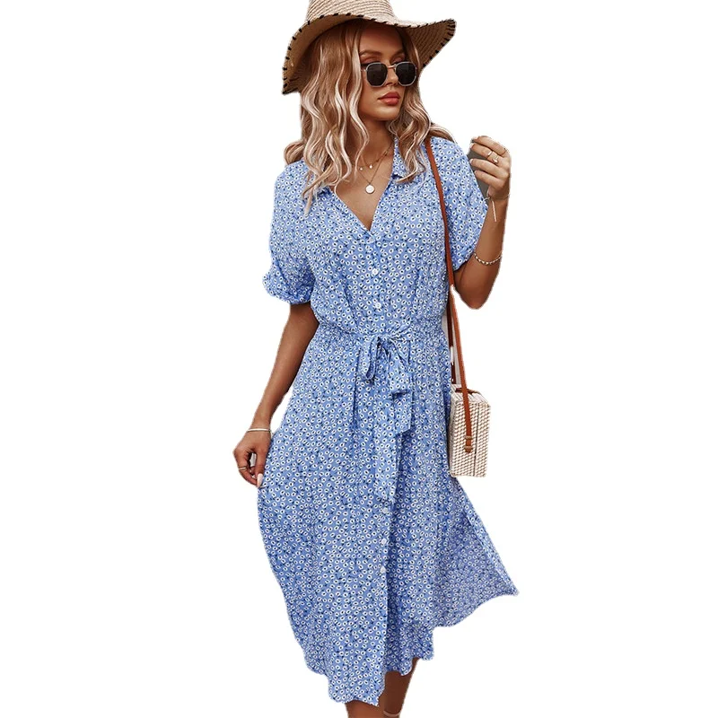 

2021 Spring New Bandage Dress Women Casual Short Sleeve Button Floral Print Dress for Woman White Dress