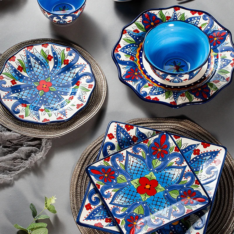 

Богемный, в этническом стиле ручная роспись, керамическая посуда, миска для риса, чашка, блюдо с окантовкой в виде лотоса, фруктовая Салатниц...