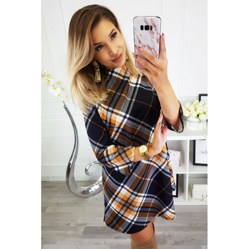 2019 осень и зима новая женская одежда женское клетчатое платье с длинным рукавом