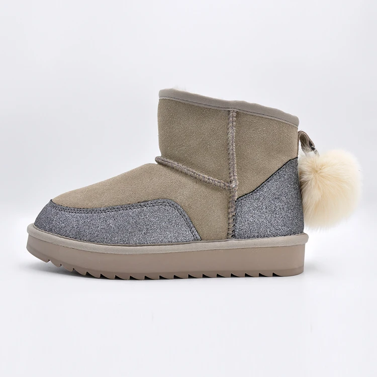 

Grey Ladies Genuine Snow Boots Cow Suede Upper Women Fur Ankle Boots Winter Waterproof Warm