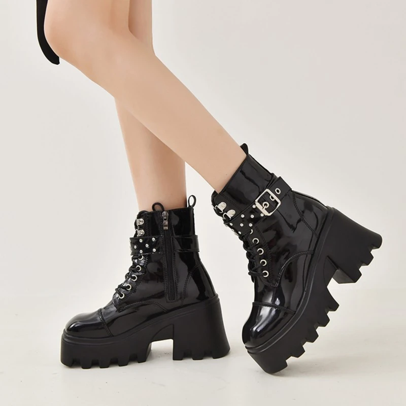 

Boots For Women 2021 Autumn Winter Ankle Boots Platform Black Metal Chain Side Zipper Punk Motobicy High Heels Boots