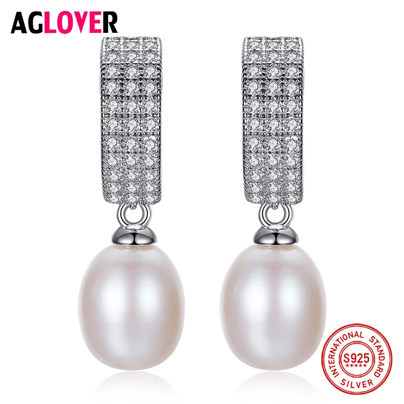 

AGLOVER Original 925 Silver Zircon Drop Earrings Genuine Natural Freshwater Pearl Earrings Pearl Jewelry Women Christmas Gift