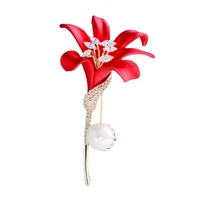 korean new design fashion romantic luxury women red flower brooch with pearl high quality gold plated metal pins for clothes