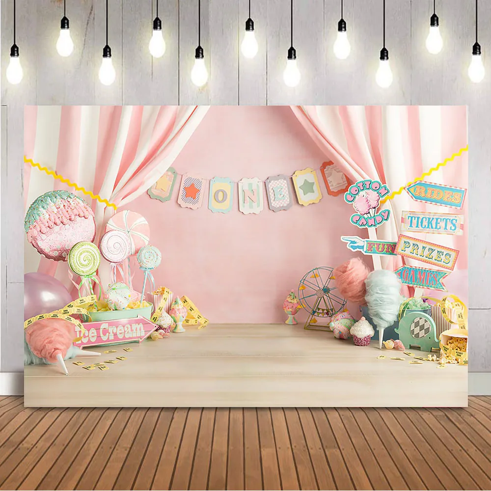 Ice cream Birthday Backdrop First Birthday Cake Smash Newborn Child Background for Photo Studio Sweet Candy Prizes Pink Curtrain