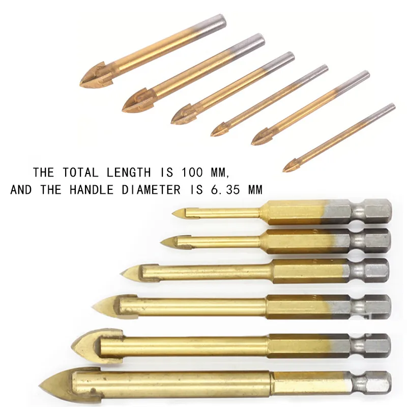 

Titanium coated glass drill set, 6 pcs cross spearhead drill with hexagon shank ceramic tiles, marble mirror