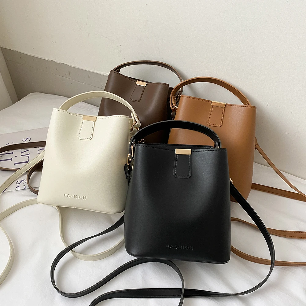 

Solid Color PU Leather Bucket Shoulder Bag Ladies Vintage Handbag Messenger Bag Crossbody Handbag Present for Female