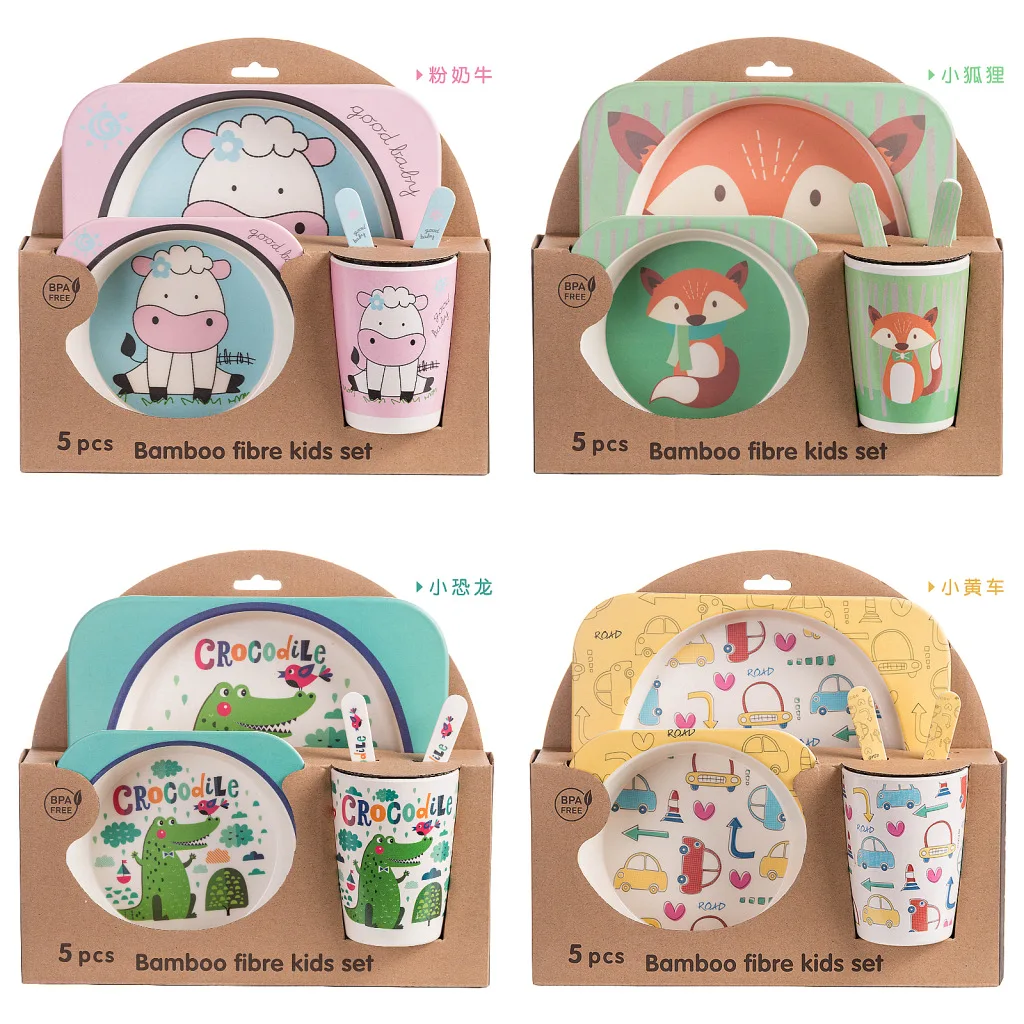 

kid's dinnerware sets creative cartoon bowl grid plate spoon forkcup five-piece gift tableware dinner set spoon set eco friendly