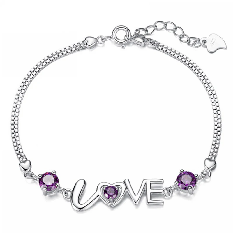 

New Romantic Silver Plated Heart 'Love' Letters Bracelets For Women Shine Purple White CZ Stone Inlay Fashion Jewelry Party Gift