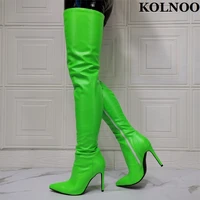 kolnoo handmade womens high heel thigh high boots green leather pointy sexy over knee boots evening club fashion winter shoes