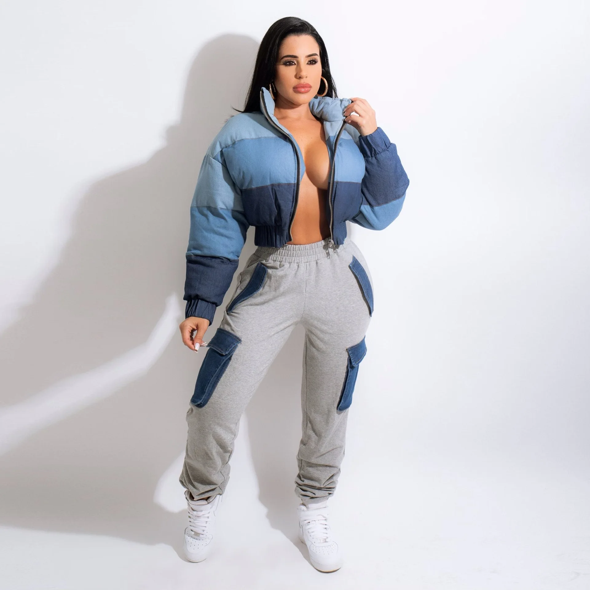 Women's 2023 Winter New Fashion Casual Denim Coat Short Personality Slim Gradient Splicing Cotton Jacket Stand Collar Zipper Top