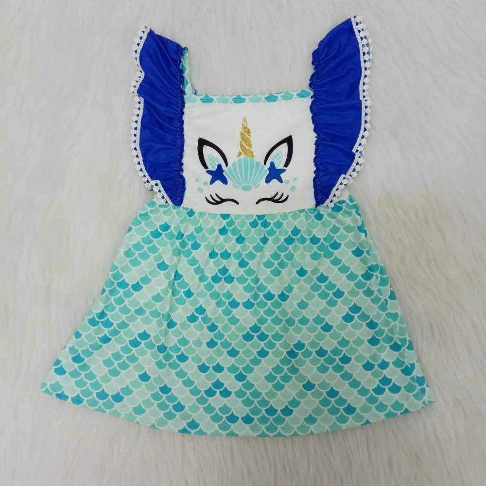 

2020 new design girl dress fish scale print personality girl ruffled sleeve dress