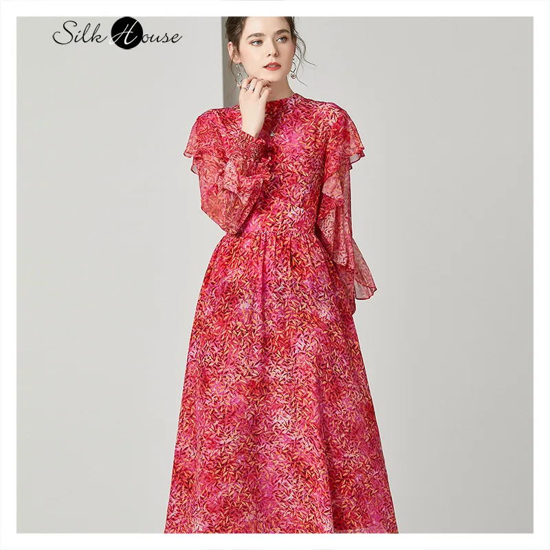 Шелковое платье с оборками и длинным рукавом шелковое поясом на резинке модный