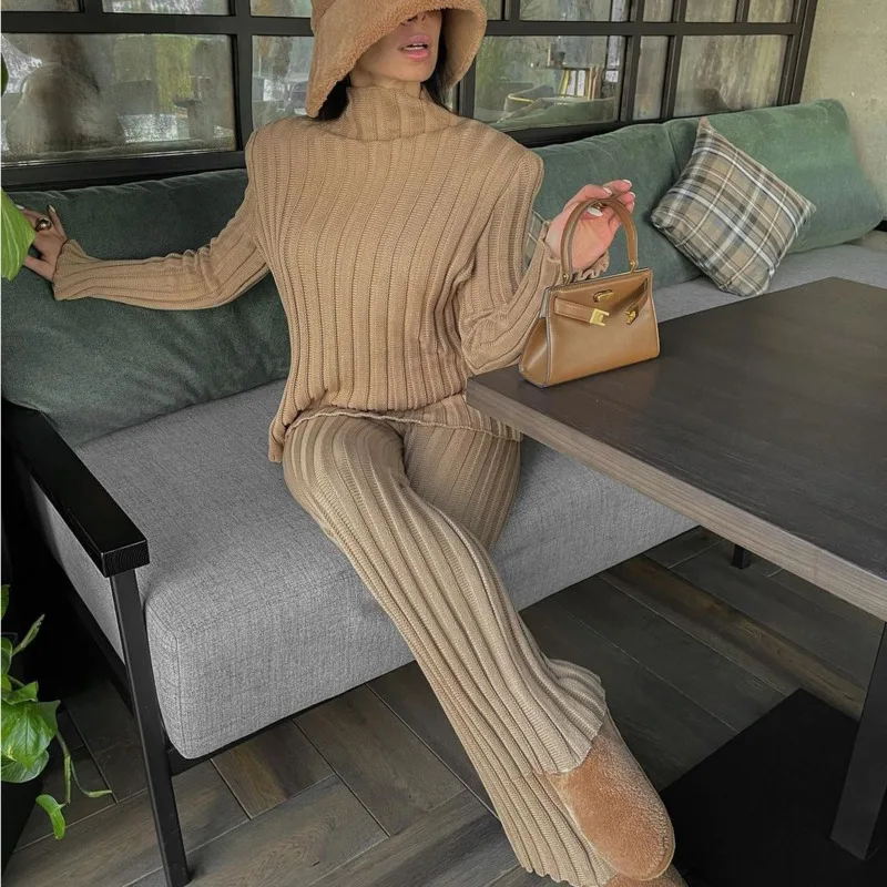 

Casual Knitted Pullover Autumn Winter Long-sleeved Sweater Green Top Knitted Trousers Women Two-piece Set Fashion Suit 2022