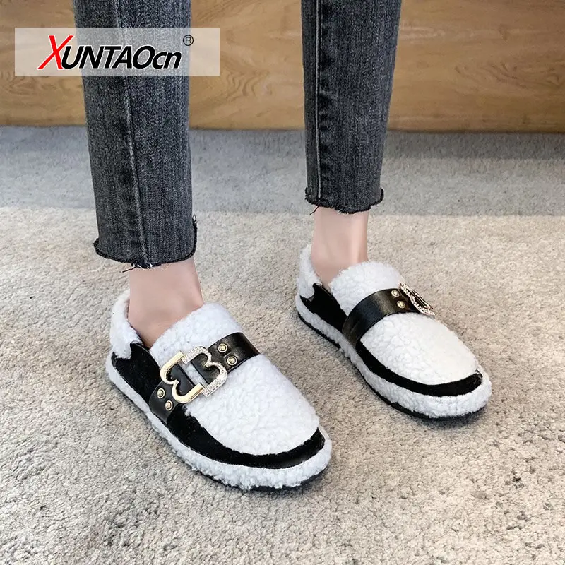 

2021 New Fashion Muffins Wool Warm Women Shoes Korean Trendy Two Belt Buckles Moccasins Fur Slip-on Flat Loafers Casual Hot Deal