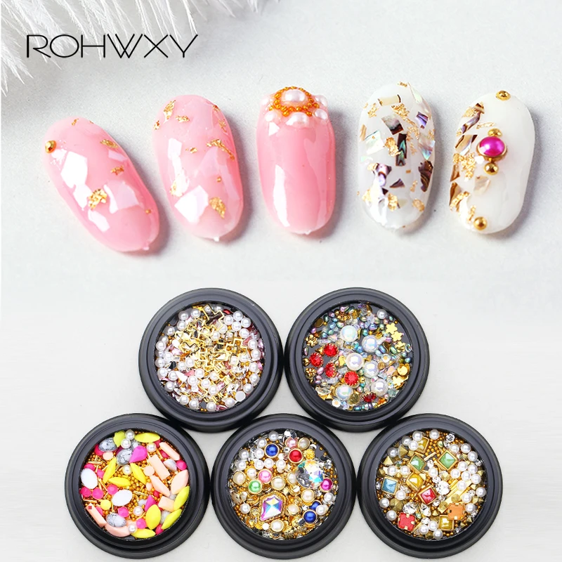 ROHWXY, 1 коробка, 3D украшения для ногтей, для самостоятельного изготовления, стразы с неровным блеском для смешивания ногтей, жемчужины для дизайна ногтей, аксессуары из сплава