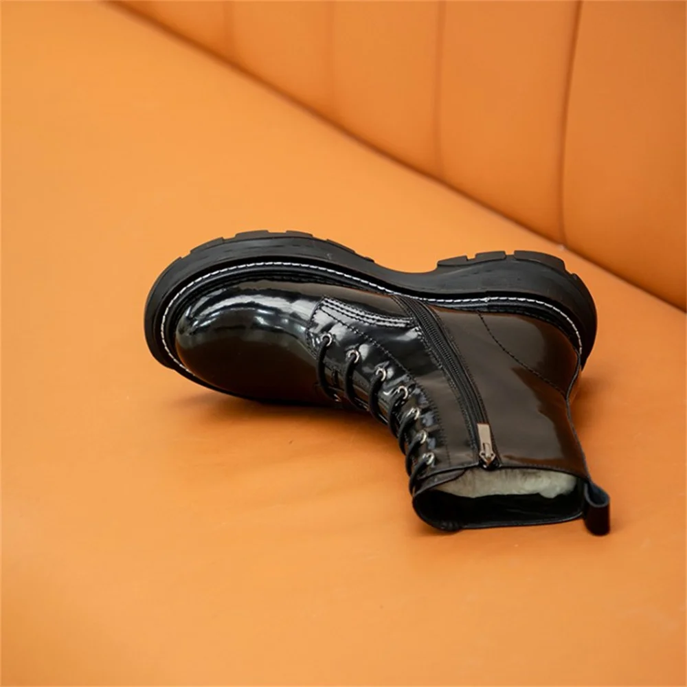 Jual Fanyuan Sepatu Kulit Asli Wanita Anti-selip Tetap Hangat Wol Sepatu Bot Wanita Tumit Chunky Sepatu Bot Pergelangan Kaki Hak Pesta Musim Dingin