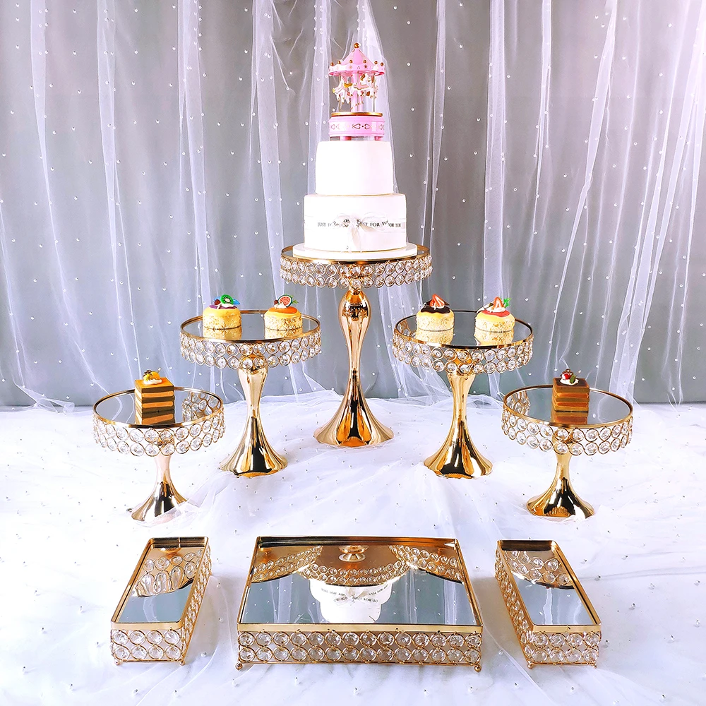 Juego de soportes de cristal para tartas de 8 piezas, soporte de espejo de Metal para cupcakes, decoraciones de Pedestal de postre, bandeja de exhibici&oacute;n para tartas de fiesta de boda-0