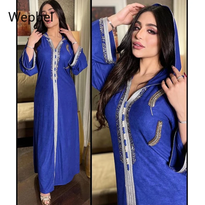 

Wepbel Muslim Abaya Ramadan Islamic Dress Women Muslim Dress Middle East Ethnic Style Hooded Robe Kaftan Diamond-Encrusted