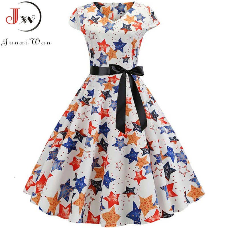Женское Элегантное летнее платье с принтом со звездой 2019 v образный вырез Ретро