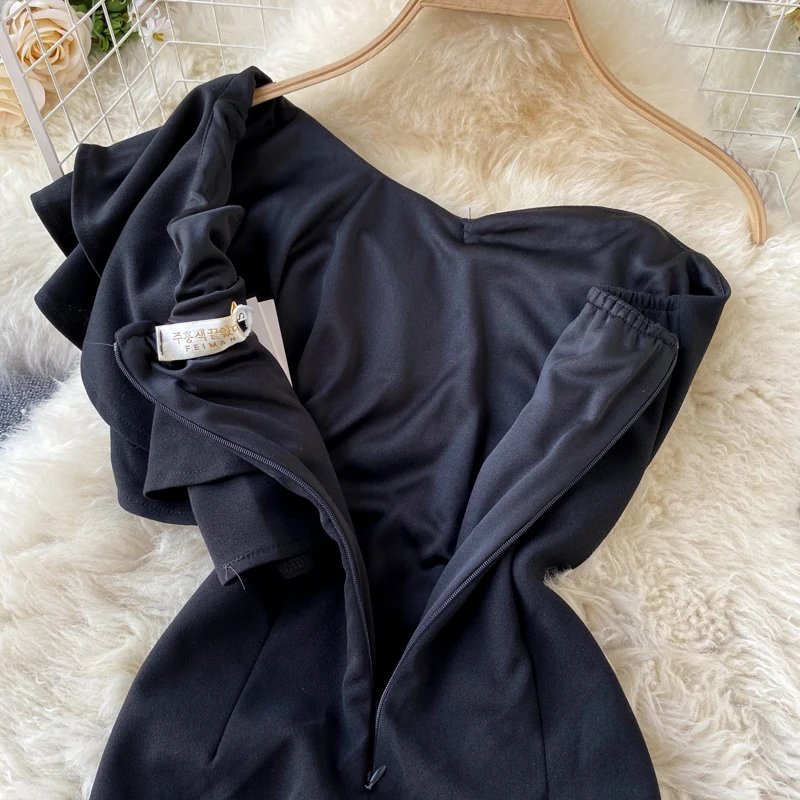 

Women Party Ruffle Dress Korean Off-shoulder Asymmetric Collar Pencil Dress Summer Casual Sexy Split Dress