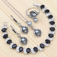 silver 925 jewelry sets for women accessories gray pearls black cubic zirconia braceletdrop earringsopen ringpendantnecklace
