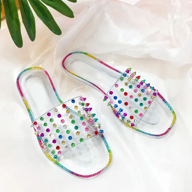 

Women Rivet Slippers Ladies Flat Casual Slides Open Toe Outside Metal Decoration Soft Beach Shoes Summer Female Footwear Hot