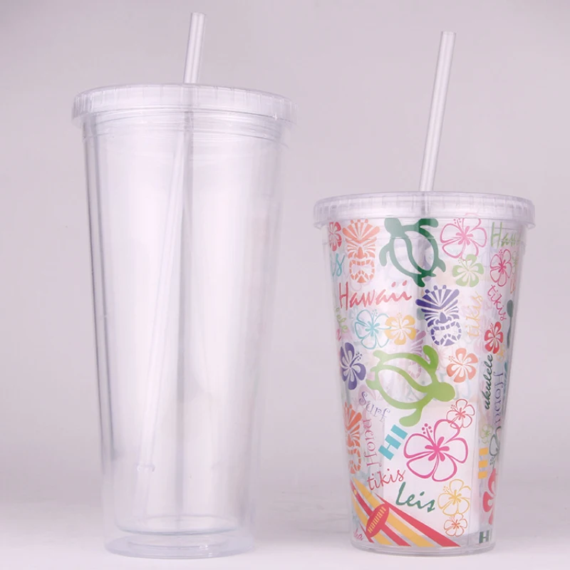 

Simple Straw Cup 650ml / 22oz Transparent Double Layer Food Grade Reusable Plastic Straw Cup Portable Outdoor Summer Cup Tumbler